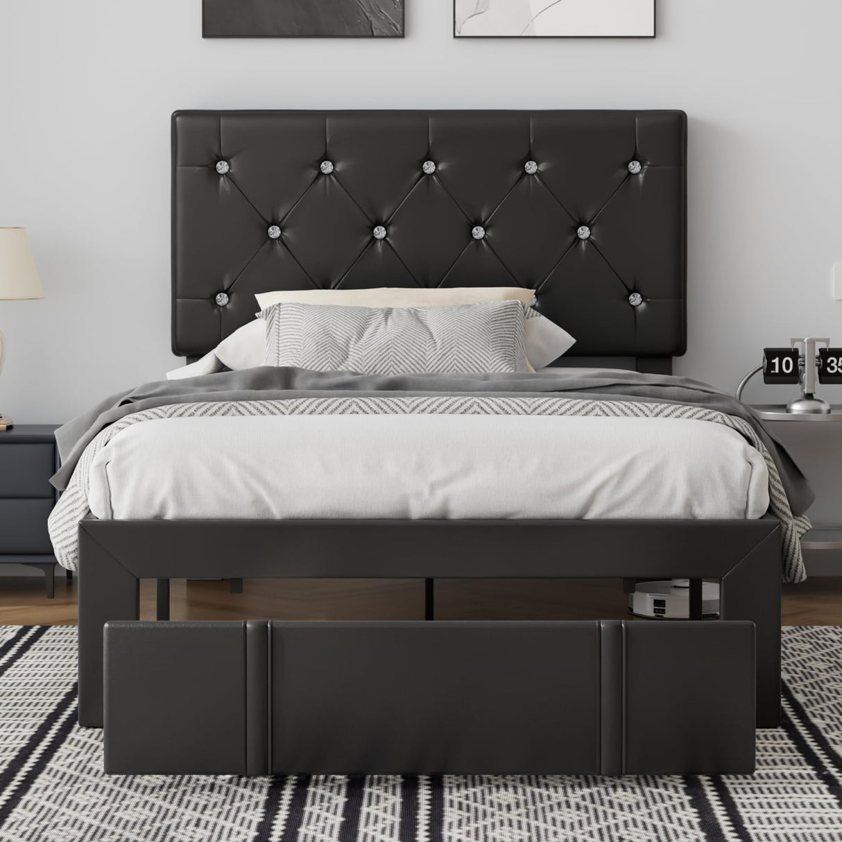 VECELO Twin Size Bed Frame with Storage Drawers, Leather Upholstered Bedframe with Diamond Tufted Headboard, Solid Wood Slat Support, No Box Spring Needed, PU Black VECELO