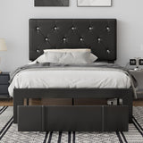 VECELO Twin Size Bed Frame with Storage Drawers, Leather Upholstered Bedframe with Diamond Tufted Headboard, Solid Wood Slat Support, No Box Spring Needed, PU Black VECELO