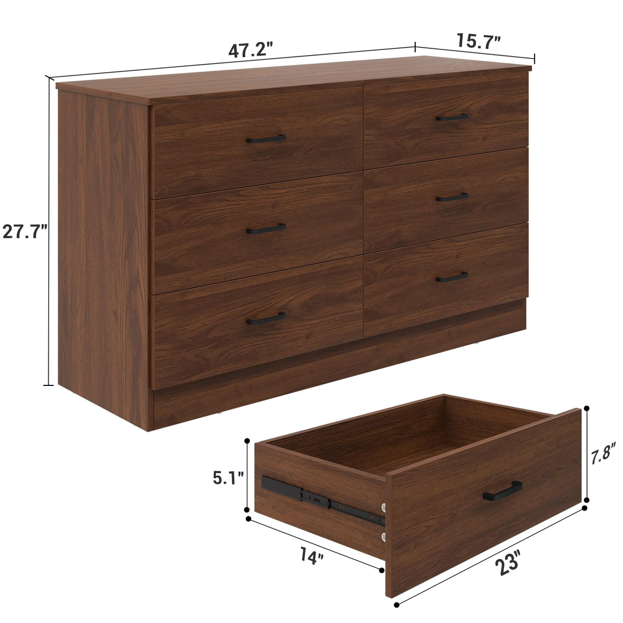 Bigbiglife Wood Dresser for Bedroom, 6 Drawer Double Dresser, Modern Chest of Drawers with Deep Drawers, Large Storage Organizer for Living Room, Closet,15.8" D x 47.2" W x 27.7" H (Walnut Brown) Bigbiglife