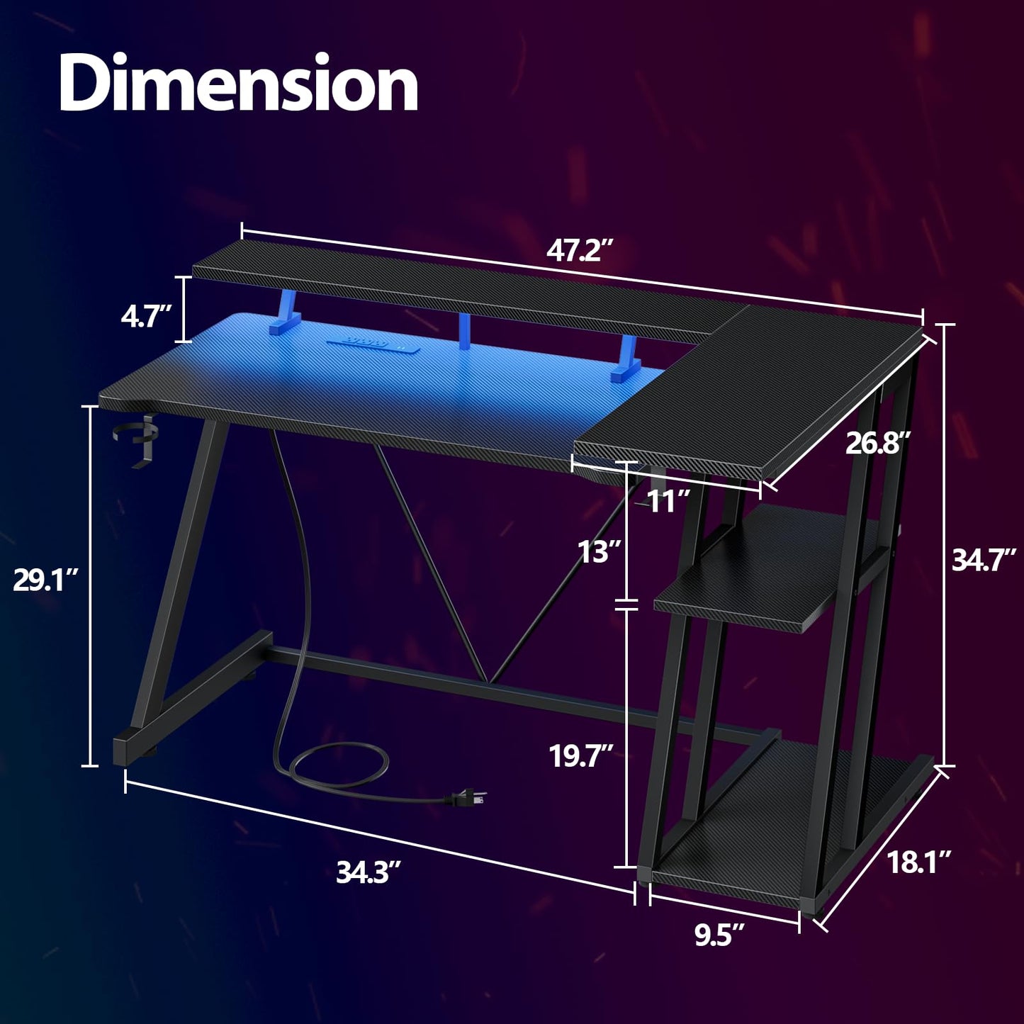 Korfile Computer Gaming Desk with Power Outlet & LED Lights, 47 Inch L Shaped Gamer Table with Storage Shelves for Bedroom, Reversible Corner Home Office Desk, Carbon Fiber Black - WoodArtSupply