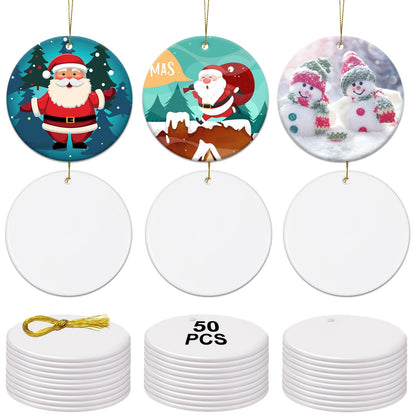 Adboros 50PCS Sublimation Ceramic Ornament Blanks, 3" Round Ceramic Ornaments Bulk Set DIY Pendants with Ribbon for Crafts Heat Transfer Print Christmas Halloween Ornaments Supplies Decor