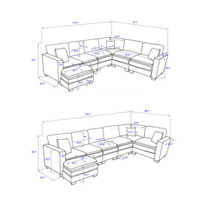 Extra Wide Seat Oversized Convertible Modular Sectional Sofa, Free Combination Reversible Sleeper Couch with Movable Ottoman, 7 Seater Corner Sofa&Couches for Living Room, Office, Spacious Space