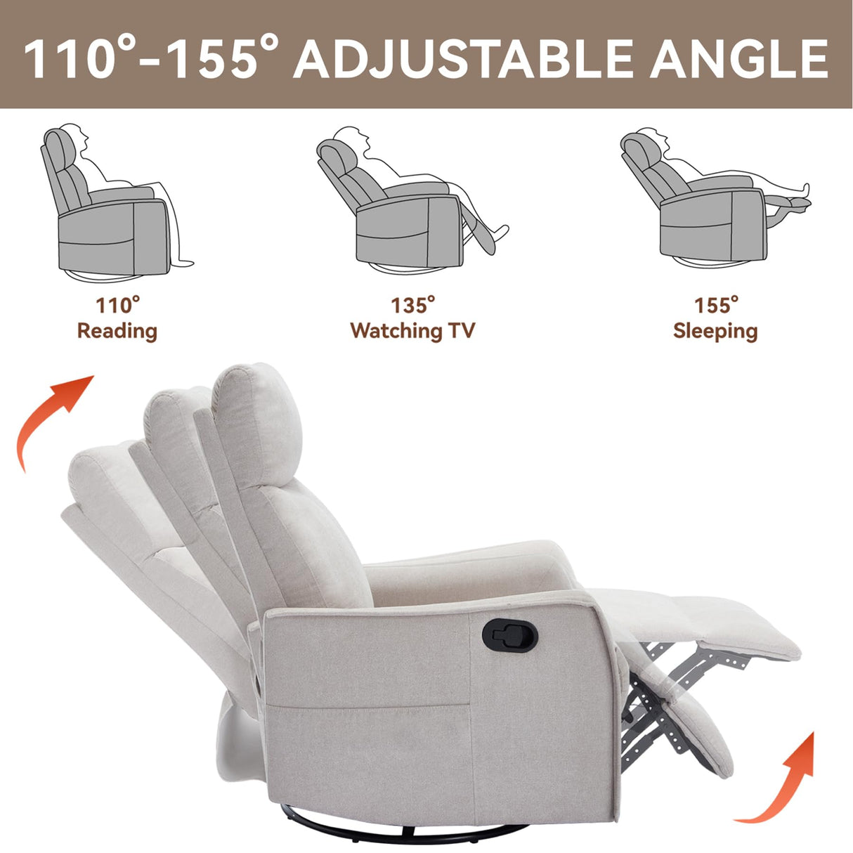 Massage Chair Recliner with Heat, Swivel Rocking Chair Recliner with High Back, Manual Lazy Boy Recliners for Adults,Small Recliner Chair for Small Spaces, Living Room Bedroom, Fabric (Beige) Thctvous