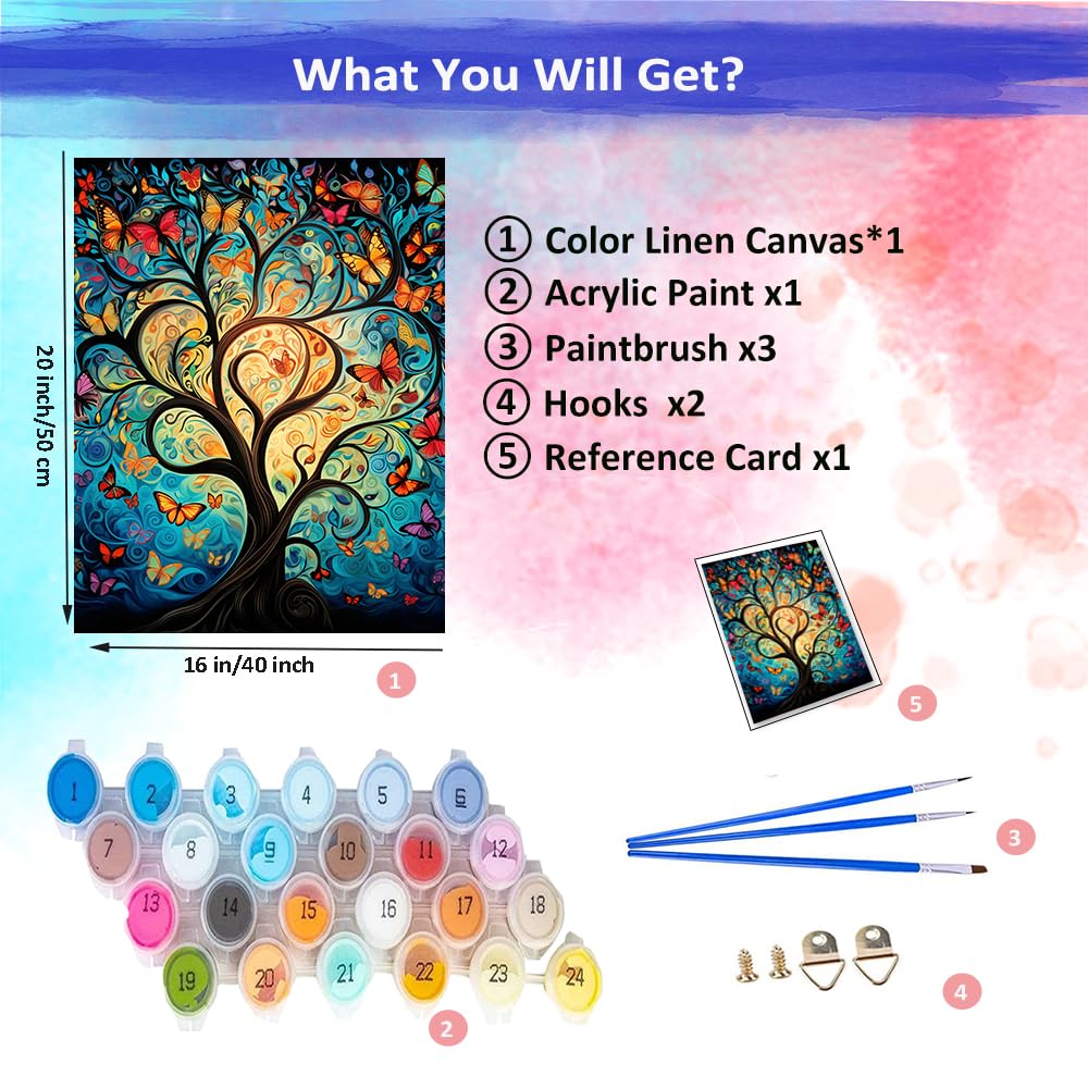 JUJUHOOD Tree of Life Paint by Numbers Kit for Adults,Butterfly Adult Paint by Number Kits,DIY Acrylic Paint by Number on Canvas for Home Wall Decor 16X20 Inch JUJUHOOD