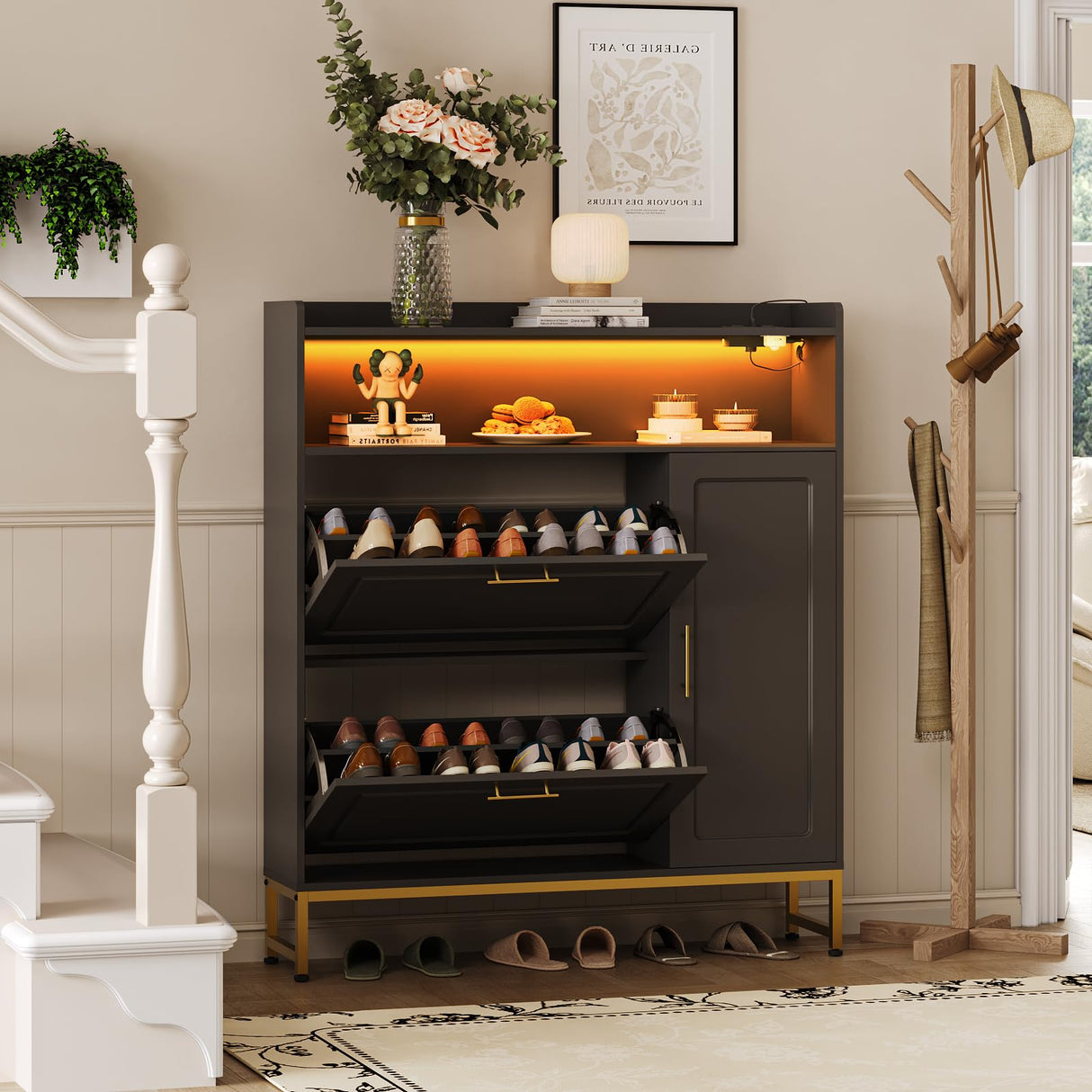 Shoe Storage with 2 Flip Drawers & Side Cabinet Freestanding Organizer with LED Light and Charging Station Narrow Shoe Rack with Metal Legs & Adjustable Shelf for Entryway,Hallway,Living Room,Black Maupvit