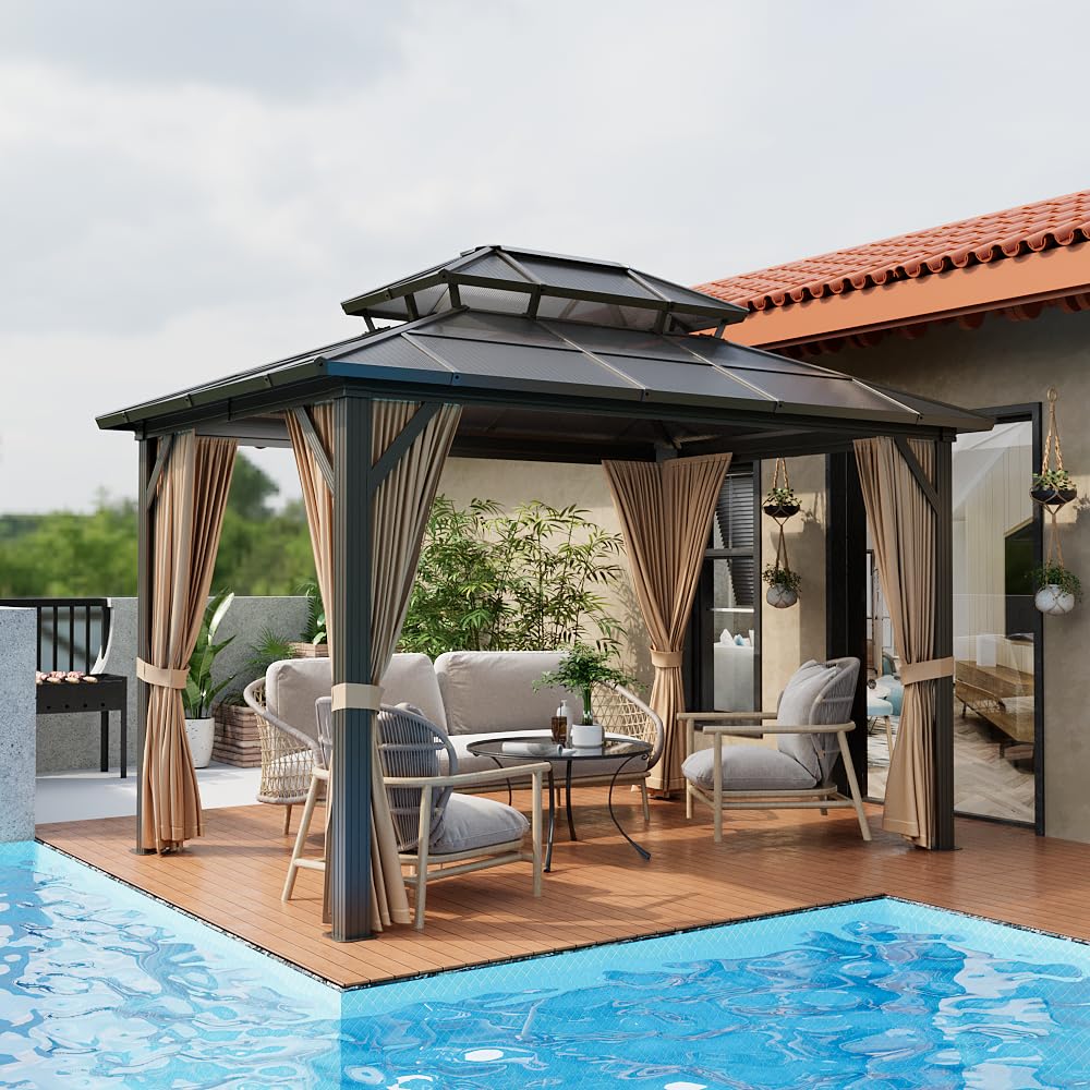 GAOMON 10'x12' Hardtop Gazebo, Outdoor Polycarbonate Double Roof Canopy, Aluminum Frame Permanent Pavilion with Curtains and Netting, Sunshade for Garden, Patio, Lawns (10x12ft) GAOMON