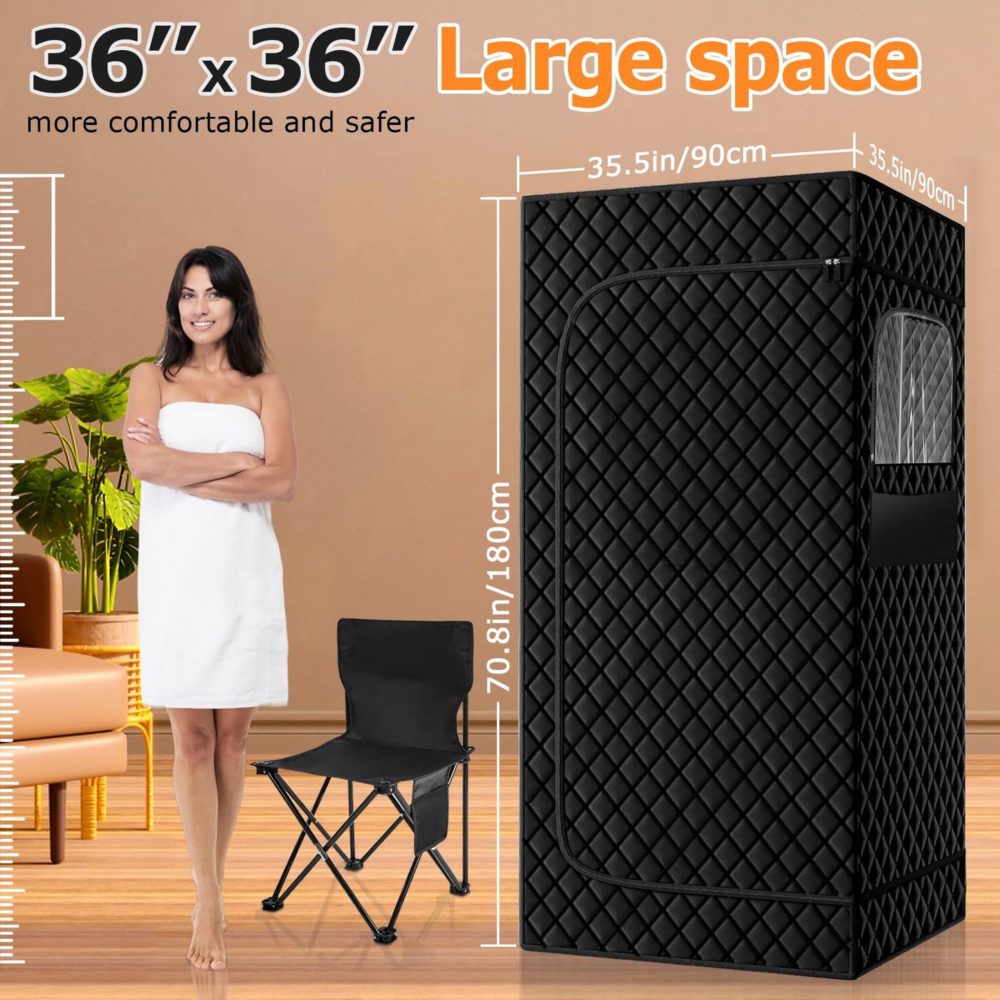 Ramarmro Portable Steam Sauna，3'x 3' x 5.9' Full Body Sauna Box for Home, Sauna Tent Sauna Box with 3L 1500W Steamer, 9 Levels, 99 Minute Timer with Remote Control, Foldable Chair with Side Pocket