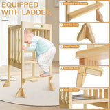 WOOD CITY Kitchen Step Stool Helper - Montessori Foldable Standing Tower for Toddlers with Safety Rail, Height Adjustable Ideal Helper for Learning New Skills, Natural Pure Pine Wood (Natural) WOOD CITY