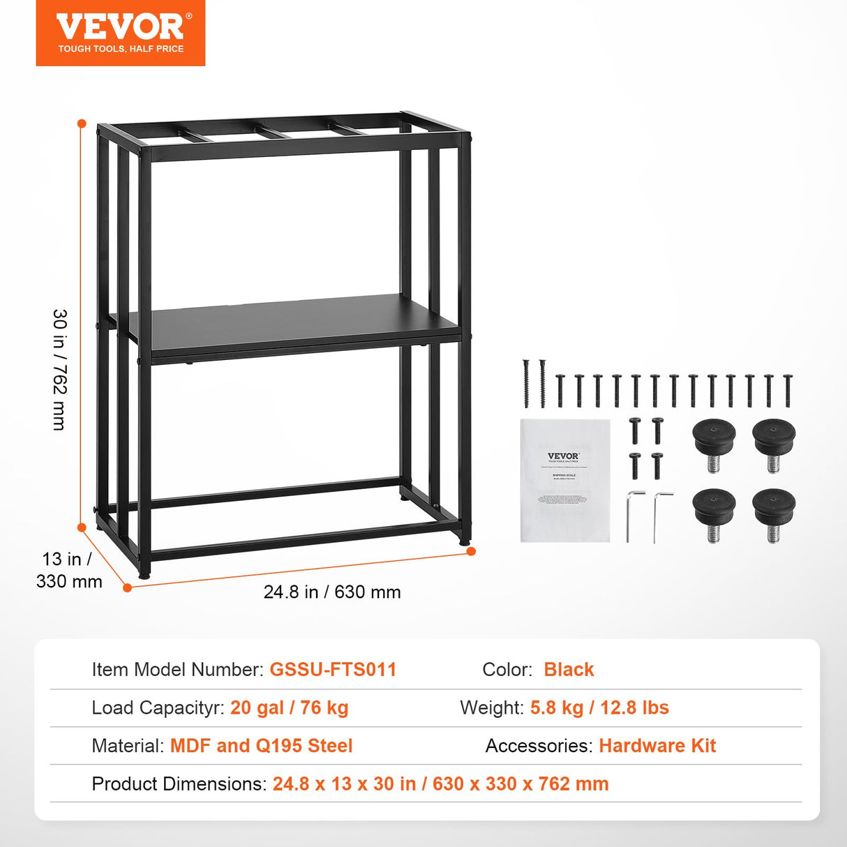 VEVOR Aquarium Stand, 20 Gallon Fish Tank Stand, 24.8 x 13 x 30 in Steel Turtle Tank Stand, 167.6 lbs Load Capacity, Reptile Tank Stand with Storage, Hardware Kit, and Non-Slip Feet, Black VEVOR