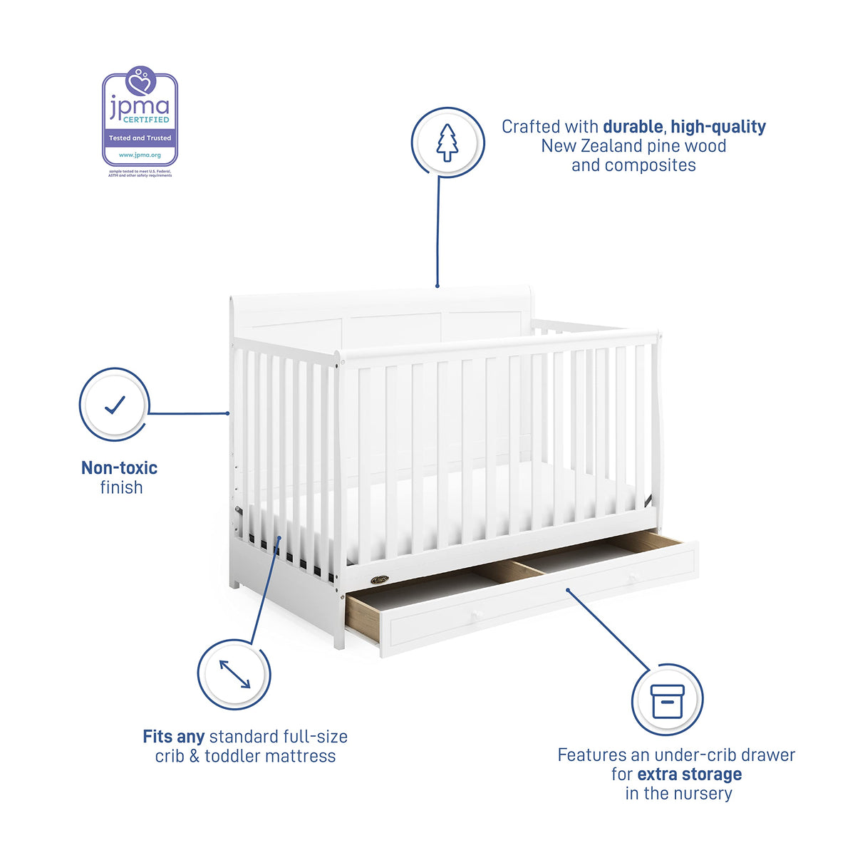 Graco Asheville 5-in-1 Convertible Crib with Drawer (White) – GREENGUARD Gold Certified, Crib with Drawer Combo, Full-Size Nursery Storage Drawer, Converts to Toddler Bed, Daybed and Full-Size Bed Graco