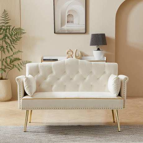 Small Velvet Loveseat Sofa with Gold Metal Legs,55-inch Modern Sofa Couch with 2 Side Pockets,Couch with Tufted Backrest for Living Room Bedroom Office (Beige) oaaktu