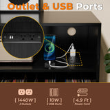 MULEJYBO Large Black Record Player Stand with Magnetic Door,350 Vinyl Record Storage Cabinet, Record Player Table with Power Outlet & LED Light,Turntable Stand with Wood Legs for Living Room,Office MULEJYBO