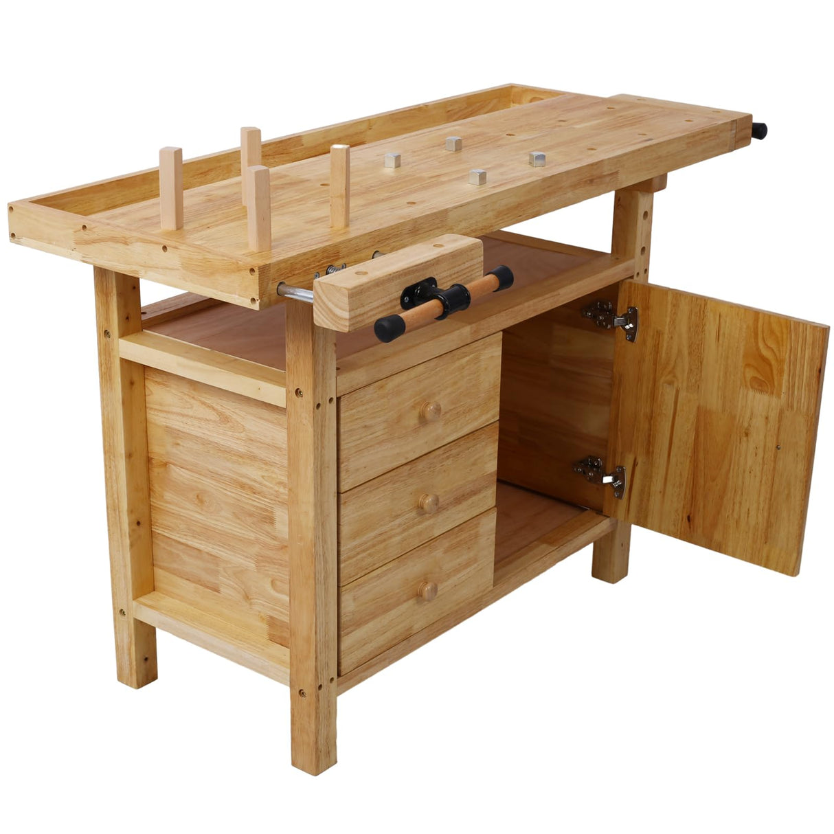 Montary 50-Inch Wood Workbench - Rubber Wooden Heavy Duty Work Bench with 3 Drawers 1 Cabinet Door and Shelf Integrated Vises for Garage Workshop, Woodworking and Home Montary