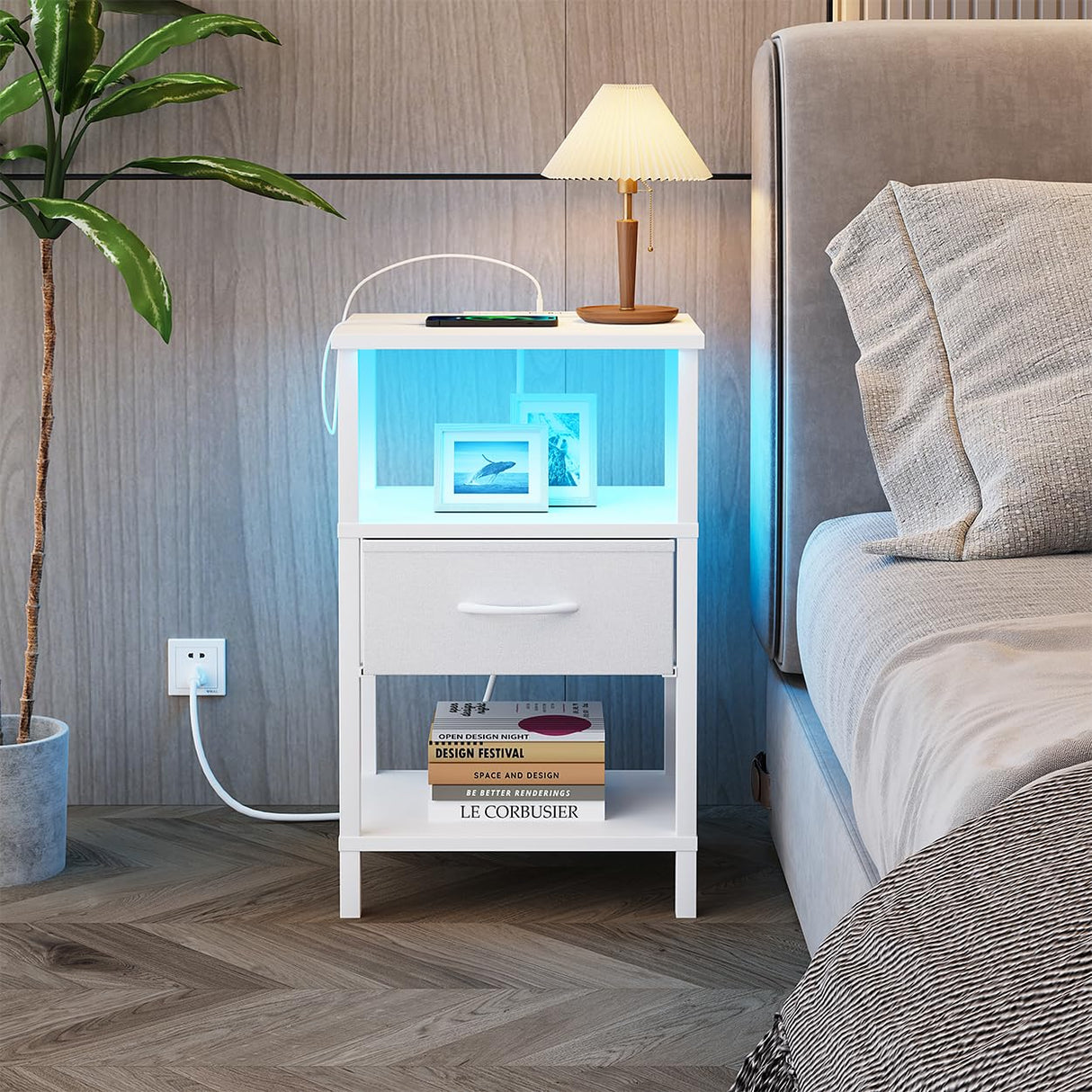 VIMBER Nightstand Set of 2, Adjustable LED Side Table with Charging Station and Fabric Drawer,Beside Tables with Open Compartment for Living Room, Easy Assemble, 3 Tier End Table for Bedroom, White VIMBER