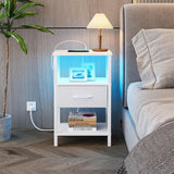 VIMBER Nightstand Set of 2, Adjustable LED Side Table with Charging Station and Fabric Drawer,Beside Tables with Open Compartment for Living Room, Easy Assemble, 3 Tier End Table for Bedroom, White VIMBER