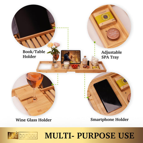 Bamboo Bathtub Caddy Tray for Luxury Bath, Expandable Bath Tray for Tub with Book and Wine Holder- Gift Idea for Loved Ones Unibambou