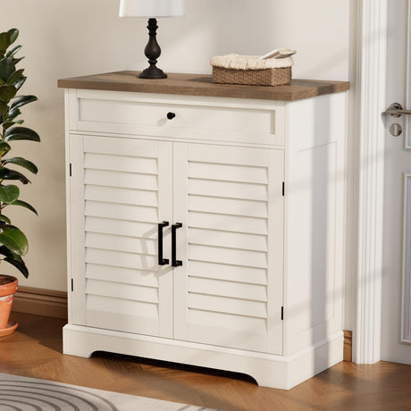 ChooChoo Farmhouse Shoe Cabinet with Doors, 4-Tier Shoe Storage Cabinet with Drawer and Shelves, Wooden Shoe Rack Organizer for Entryway, Hallway, Closet, Soft White & Brown ChooChoo