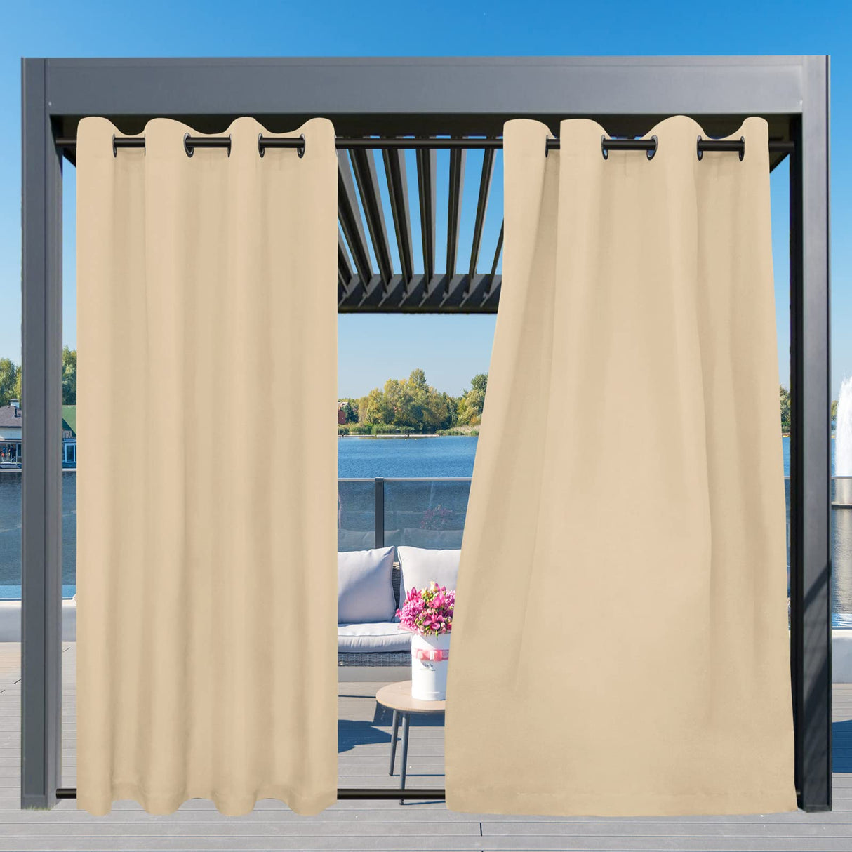 Easy-Going Outdoor Curtains Waterproof Windproof Weatherproof Curtain for Patio, Cabana, Porch, Pergola and Gazebo, Grommet Top and Tab Bottom Drape, 1panel, 54x84 inch, Beige Easy-Going