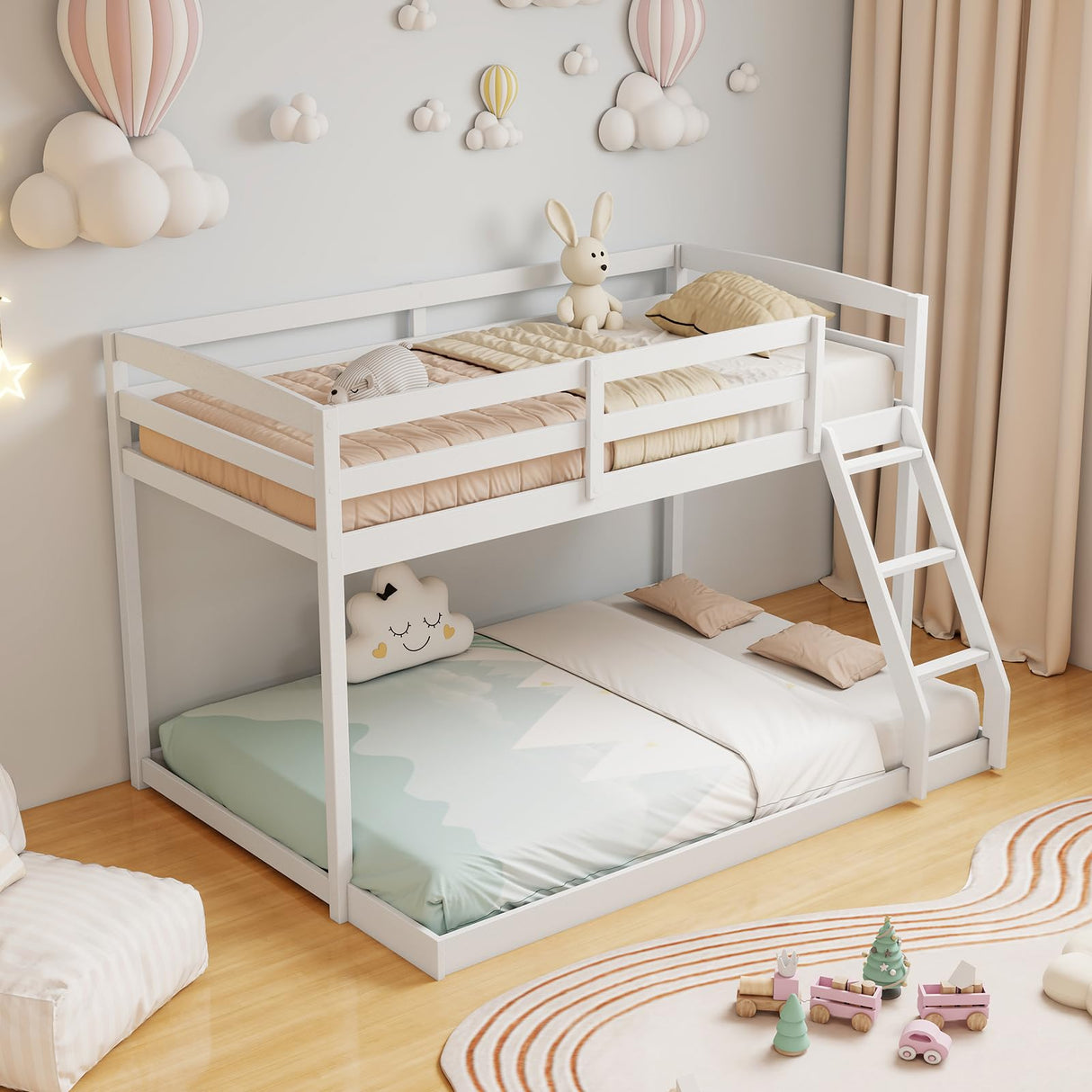 KOMFOTT Low Bunk Bed Twin Over Full, Solid Wood Twin Bed Frame with Built-in Ladder & Safety Guardrails, Space-Saving Low Bunk Bed for Kids, Teens, No Box Spring Needed KOMFOTT