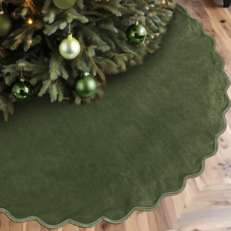 RoundFunny Green Christmas Tree Skirt 48 Inches Neutral Velvet Christmas Tree Skirts Modern Scalloped Edge Xmas Decorations Minimalist Mat for Home Indoor Outdoor Holiday Party Decor RoundFunny