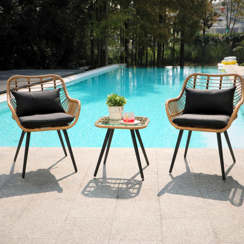 Verano Garden 3 Piece Patio Bistro Set, Outdoor Wicker Conversation Chair Sets Balcony Furniture,Coffee Table with Glass Top, Cushions & Lumbar Pillows for Porch, Backyard, Deck, Poolside Verano Garden