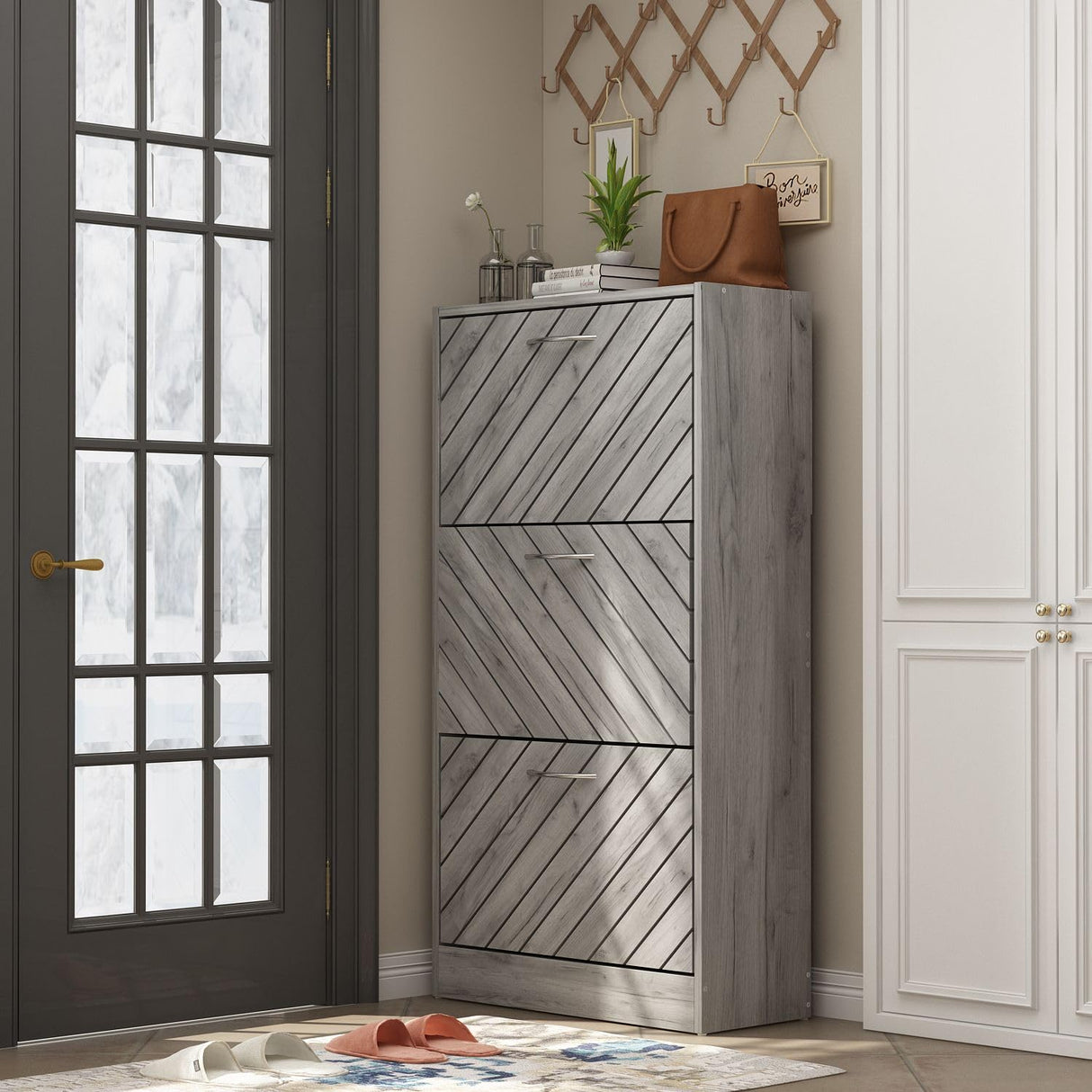 FAMAPY Modern Shoe Cabinet with 3 Flip Drawers, Freestanding Shoe Storage Cabinet, Slanted Design, Shoe Storage Organizer for Hallway Entryway Grey (22.4”W x 9.4”D x 42.3”H) FAMAPY