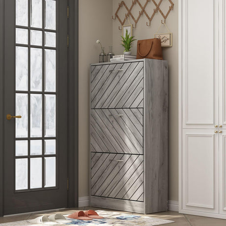 FAMAPY Modern Shoe Cabinet with 3 Flip Drawers, Freestanding Shoe Storage Cabinet, Slanted Design, Shoe Storage Organizer for Hallway Entryway Grey (22.4”W x 9.4”D x 42.3”H) FAMAPY