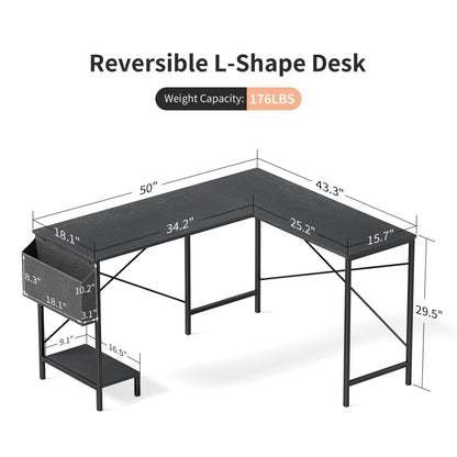 Simple Deluxe L Shaped Desk Gaming Computer 50 Inch Reversible Corner Table PC Work Table for Writing Study Student with Wood Tabletop Metal Frame CPU Stand Side Bag for Home Office Small Place