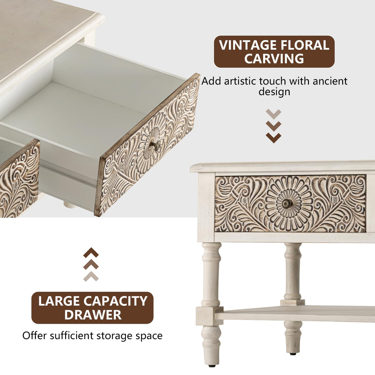 COSIEST Vintage Coffee Table w Drawers, Farmhouse 2 Tier Small Wood Coffee Table with Solid Wood Legs, Wood Rectangular Tables with Shelf for Living Room COSIEST