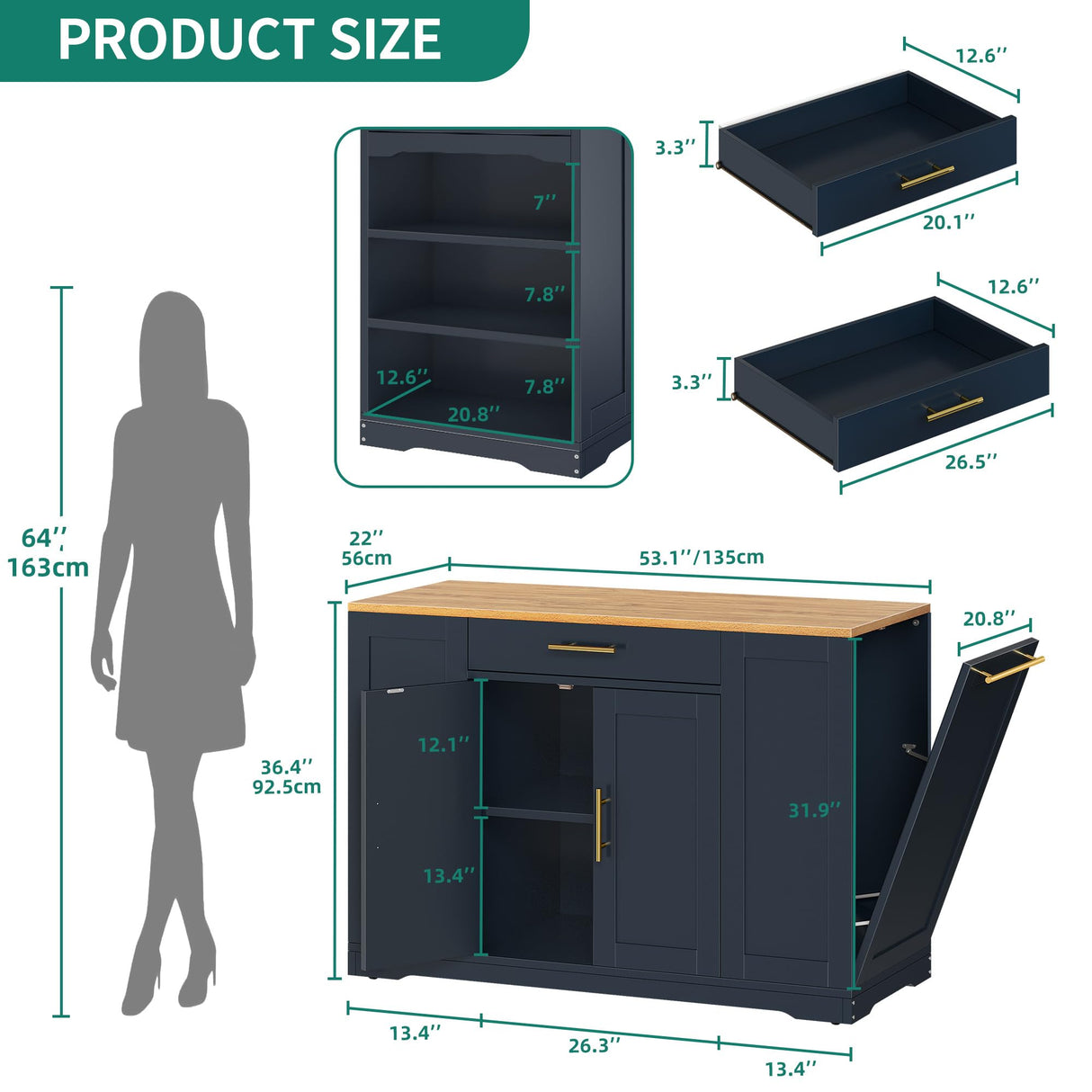 YITAHOME 53 inch Large Rolling Kitchen Island with Trash Can Storage Cabinet, Portable Mobile Islands Table Long Floating Movable w Wheels Cabinet for 13 Gallon Garbage Bin 2 Drawer, Navy Blue YITAHOME