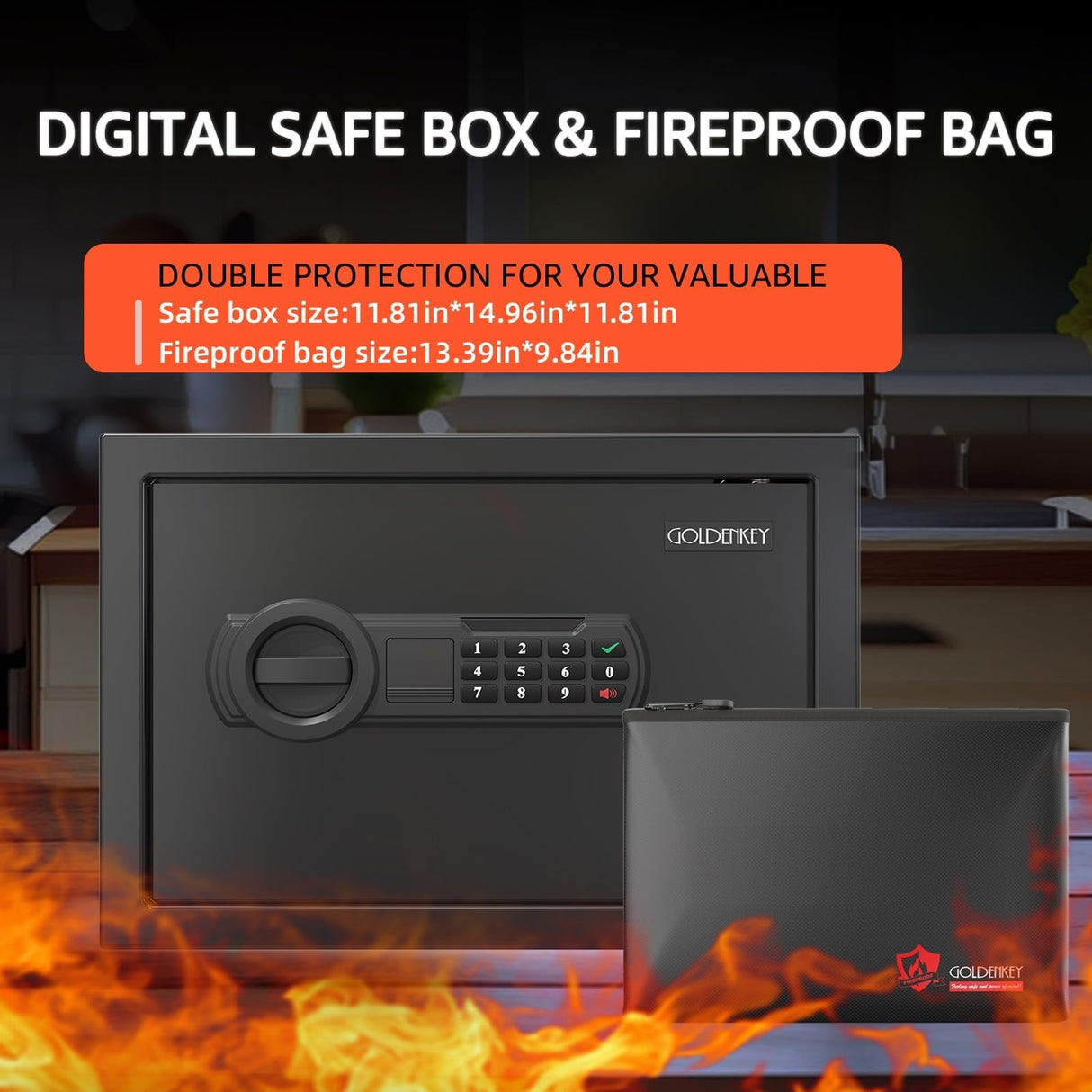 <1.6 cu.ft.>Goldenkey Digital Fireproof Safe for Documents, Personal Safe Box for Laptop, Steel Safes with Removable Shelf for Guns Valuables for Home, office, Hotel, 11.81"D x 14.96"W x 11.81"H GOLDENKEY