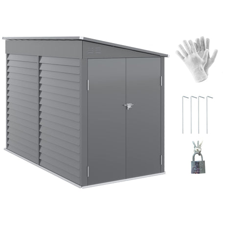 Outsunny 5' x 9' Steel Outdoor Storage Shed, Lean to Shed, Metal Tool House with Foundation Kit, Lockable Doors, Gloves and 2 Air Vents for Backyard, Patio, Lawn, Gray Outsunny