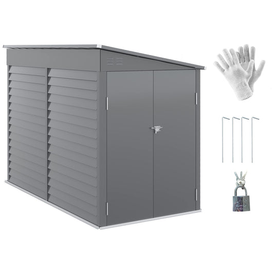 Outsunny 5' x 9' Steel Outdoor Storage Shed, Lean to Shed, Metal Tool House with Foundation Kit, Lockable Doors, Gloves and 2 Air Vents for Backyard, Patio, Lawn, Gray - WoodArtSupply