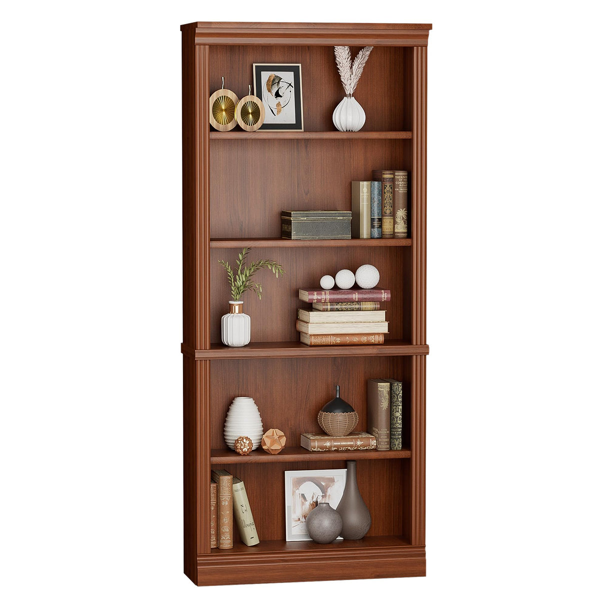 Furniwell 5-Shelf Tall Cherry Bookcase – Elegant Open Display Storage for Any Room Furniwell