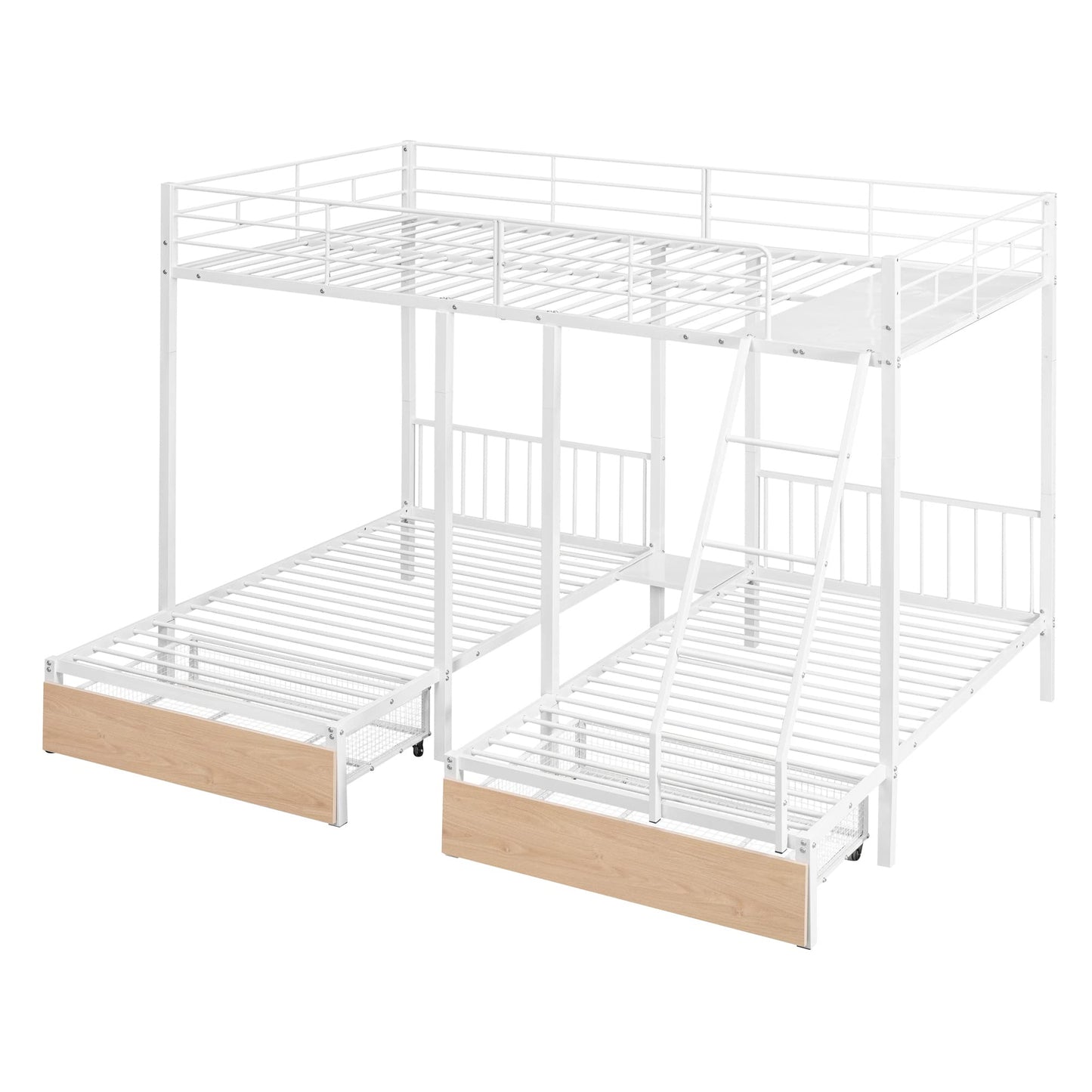 Harper & Bright Designs Metal Triple Bunk Bed with Drawers and Guardrails, Full Over Twin & Twin Bunk Bed for 3, Space-Saving, Noise Free, No Box Spring Needed - White