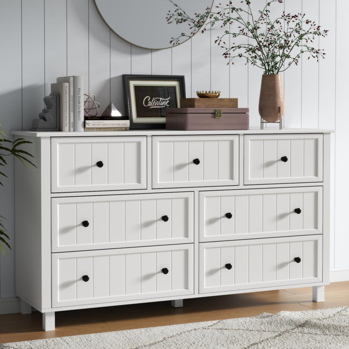 Farmhouse 7 Drawer Dresser for Bedroom, White Tall Modern Dresser TV Stand with Large Drawers & Metal Handles, Wood Chest of Drawers, Wide Double Dresser for Bedroom, Living Room, Hallway, White Gyfimoie