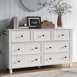 Farmhouse 7 Drawer Dresser for Bedroom, White Tall Modern Dresser TV Stand with Large Drawers & Metal Handles, Wood Chest of Drawers, Wide Double Dresser for Bedroom, Living Room, Hallway, White Gyfimoie
