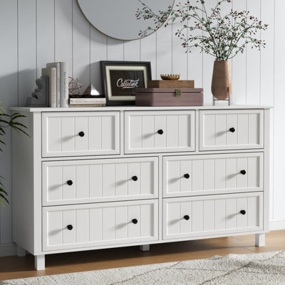 Farmhouse 7 Drawer Dresser for Bedroom, White Tall Modern Dresser TV Stand with Large Drawers & Metal Handles, Wood Chest of Drawers, Wide Double Dresser for Bedroom, Living Room, Hallway, White