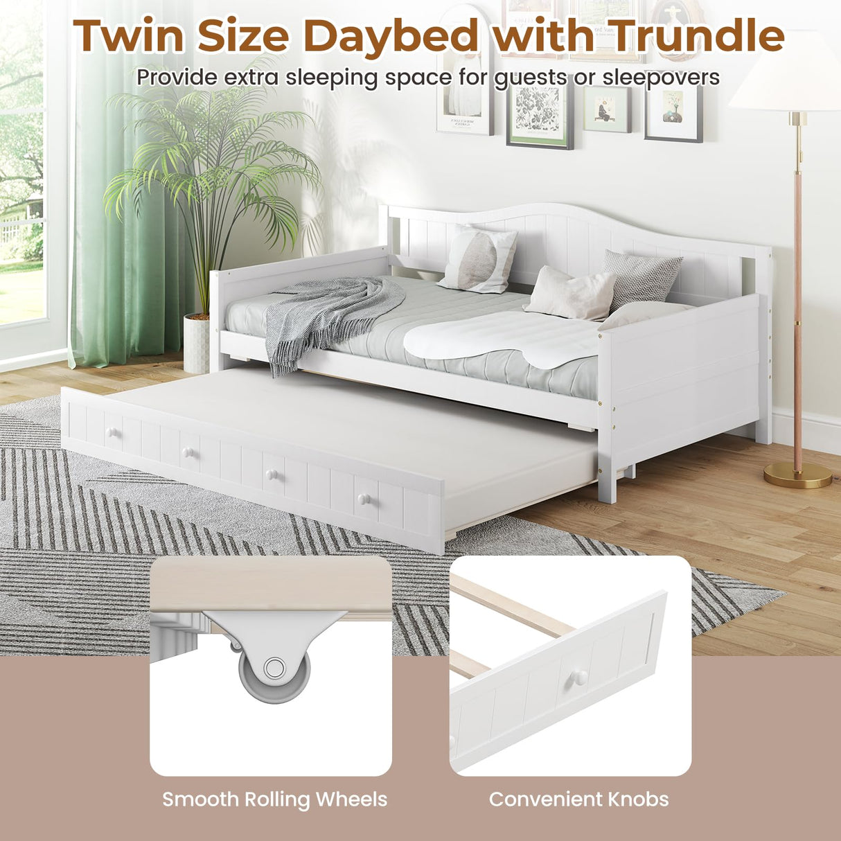 Giantex Twin Daybed with Trundle, Solid Wood Day Bed with Slats Support, Integrated Headboard & Armrests, Modern Trundle Bed Twin for Living Room, Bedroom, Guest Room, No Box Spring Needed (White) Giantex