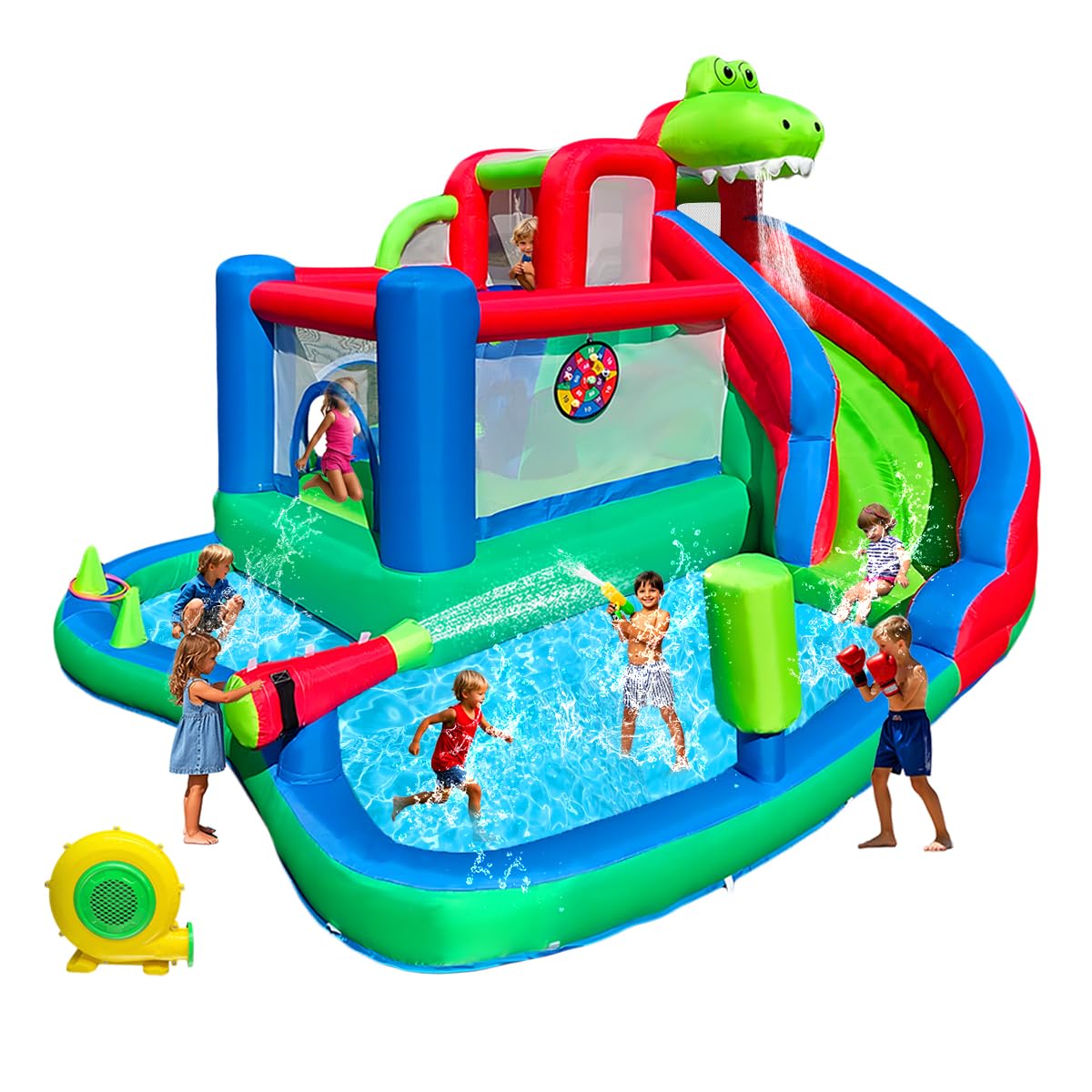 Large Dinosaur Inflatable Bounce House with Water Slide for Kids, Bouncy Castle, Splash Pool, Basketball Hoop, Climbing Wall, Air Blower, Outdoor Backyard Fun SkyGiggles