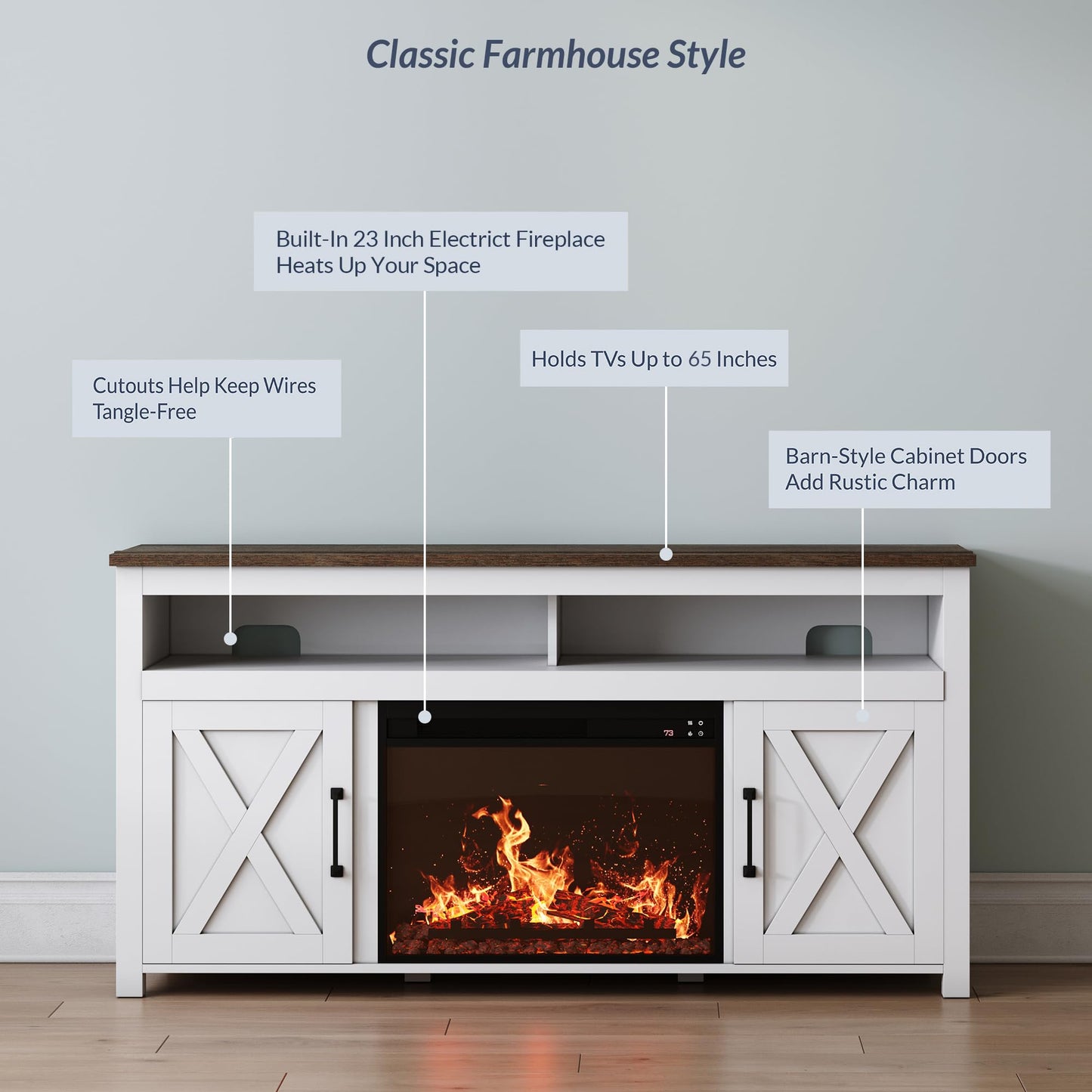 BELLEZE 58" Farmhouse Fireplace TV Stand for TVs up to 65", 23" Electric Fireplace Heater with Sound, Entertainment Center Media Console Table Barn Door Storage Cabinets for Living Room - White