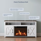BELLEZE 58" Farmhouse Fireplace TV Stand for TVs up to 65", 23" Electric Fireplace Heater with Sound, Entertainment Center Media Console Table Barn Door Storage Cabinets for Living Room - White BELLEZE