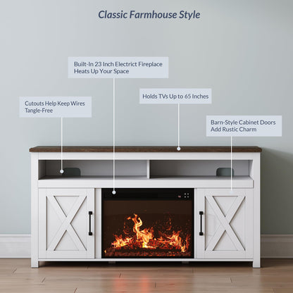 BELLEZE 58" Farmhouse Fireplace TV Stand for TVs up to 65", 23" Electric Fireplace Heater with Sound, Entertainment Center Media Console Table Barn Door Storage Cabinets for Living Room - White