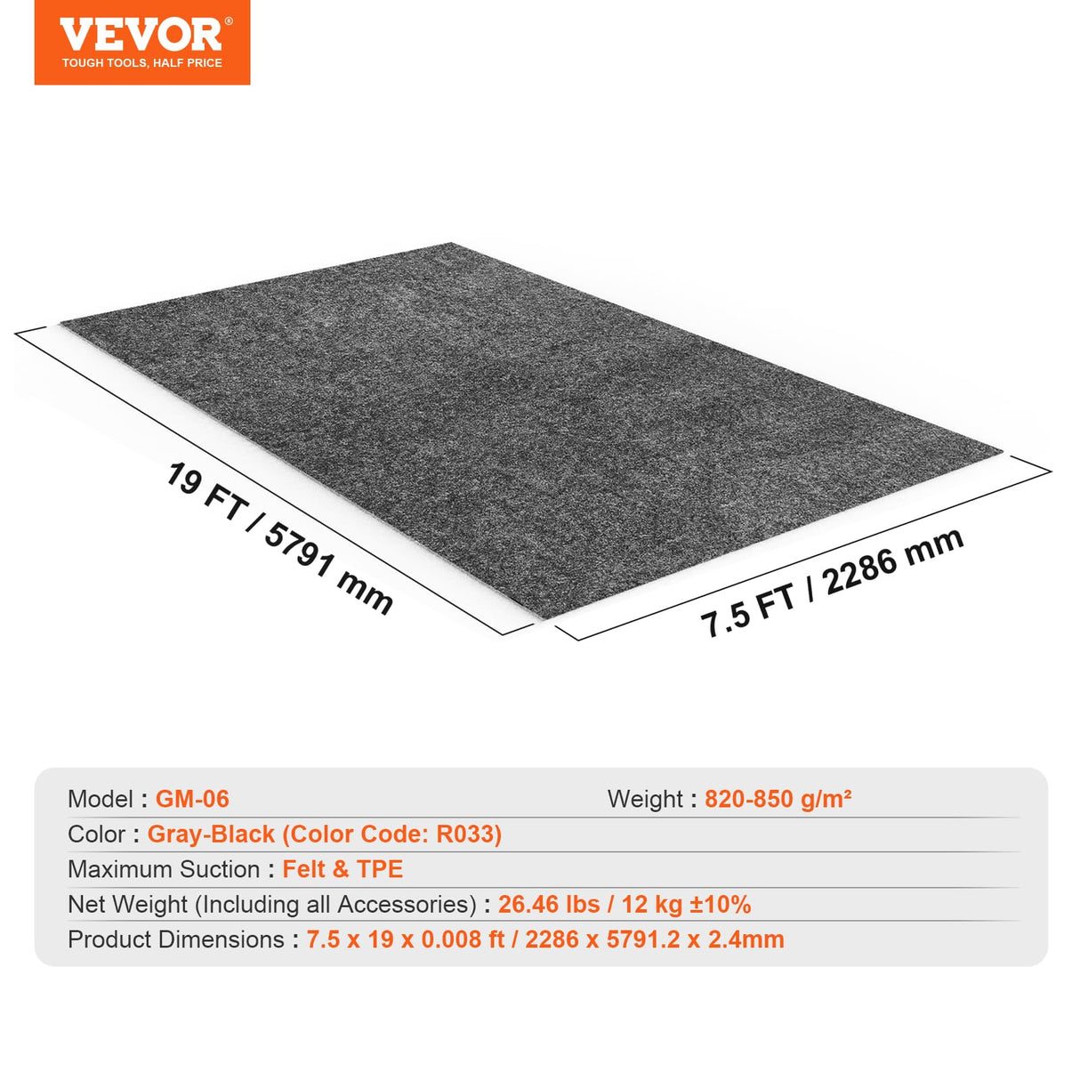 VEVOR Garage Floor Mat, 7.6'x19' Waterproof Protection from Water,Snow, Rain,Mud and Oil for Cars, Non-slip Heavy Duty Containment Mat with TPE Anti-Leak Backing & Easy to Clean & Cuttable VEVOR