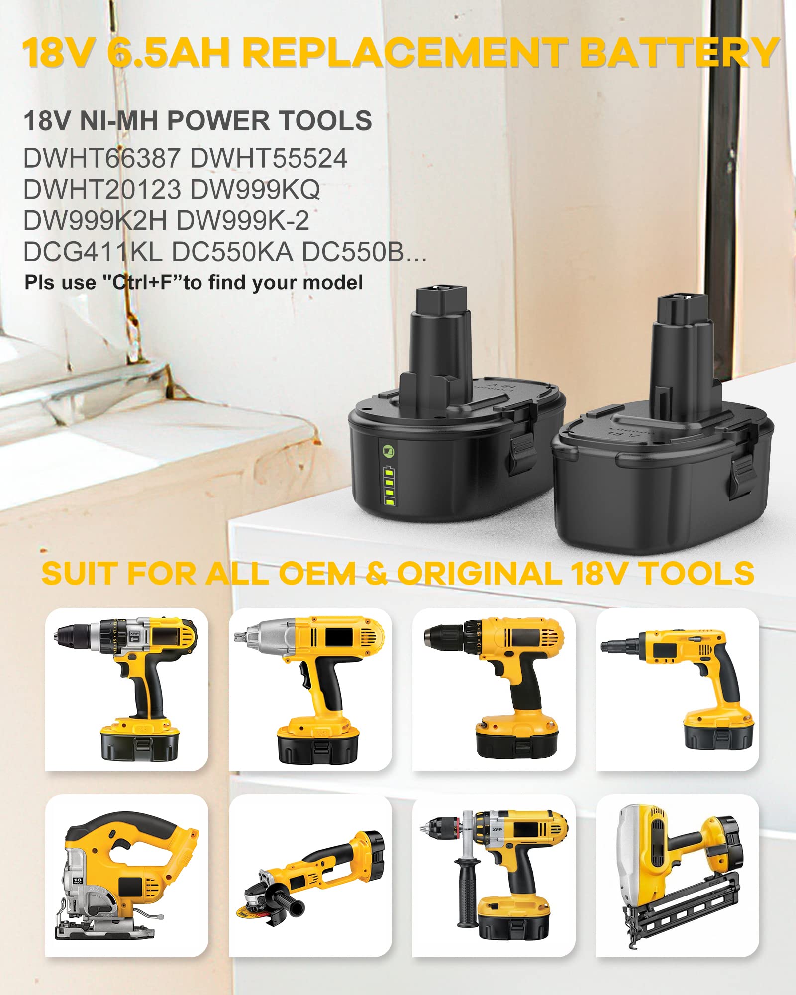 AYTXTG 2Pack 6.5Ah Lithium Battery Replace for Dewalt 18V XRP Ni-Cad Battery DC9096 DC9098 DC9099 DE9039 DE9095 + 2 Port DC9320 Fast Dual Charger for Dewalt 7.2V-18V XRP NI-CD NI-MH Battery - WoodArtSupply