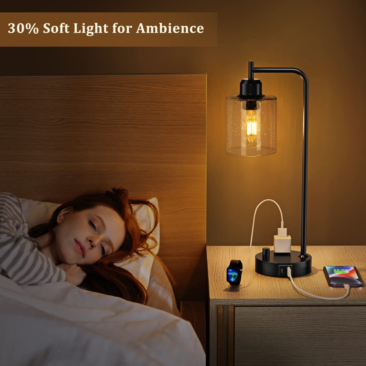 Industrial Bedside Table Lamp for Bedroom - Nightstand Lamps with USB C Charging Port, Fully Dimmable Black Ports and Outlets, Small Desk Glass Shade Office Living Room Innqoo