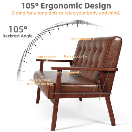 JIASTING Mid Century Modern Loveseat Sofa with Wooden Arms Leather Office Couch 2-Seat Wood Love Seat Lounge Armchair Living Room Bedroom, Waiting Room Sofa, 50”W (Leather, Brown Loveseat N) JIASTING