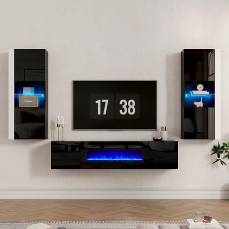 AMERLIFE Floating TV Stand with 36" Electric Fireplace, High Gloss Finish Wall Mounted Fireplace Entertainment Center with Storage for TVs Up to 78", Black AMERLIFE