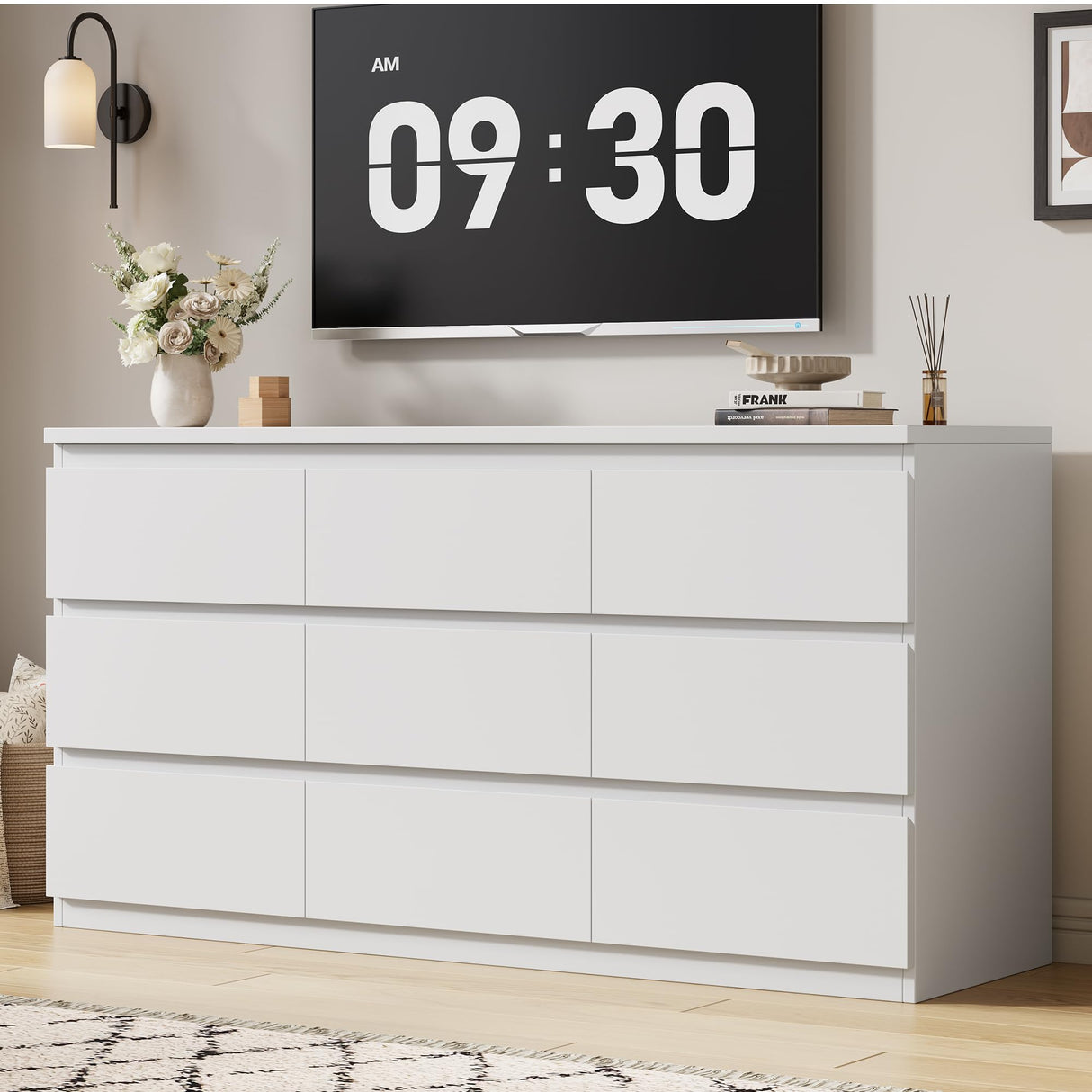 Jocoevol Modern White 9 Drawer Dresser for Bedroom, Simply Chest of Drawers, Wood Storage Dresser with Deep Drawers for Living Room Hallway Entryway, White Jocoevol