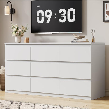 Jocoevol Modern White 9 Drawer Dresser for Bedroom, Simply Chest of Drawers, Wood Storage Dresser with Deep Drawers for Living Room Hallway Entryway, White Jocoevol